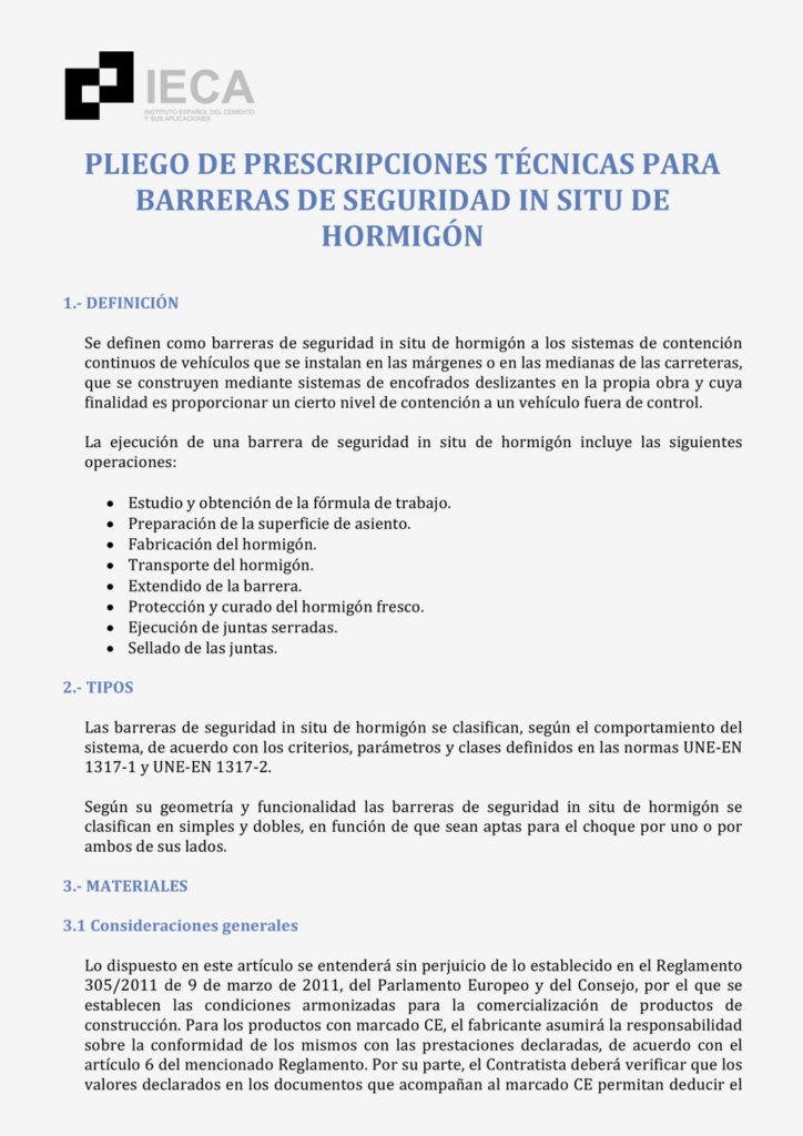 Pliego de prescripciones técnicas para barreras de seguridad in situ de hormigón