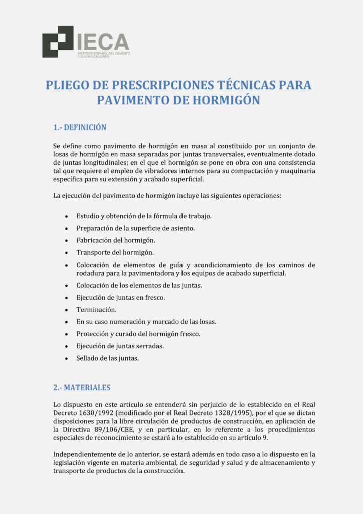 Pliego de prescripciones técnicas para pavimento de hormigón