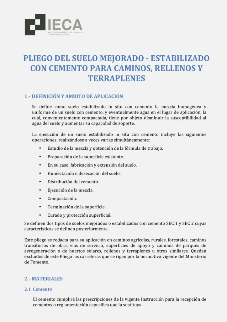 Pliego del suelo mejorado-estabilizado con cemento para caminos, rellenos y terraplenes SEC 1 y SEC 2