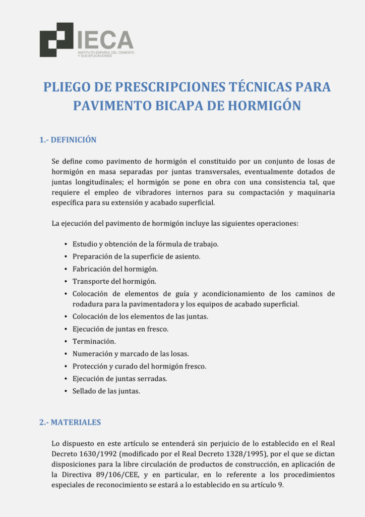 Pliegos de prescripciones técnicas para pavimento bicapa de hormigón