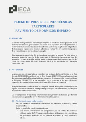 Pliego de prescripciones técnicas para pavimento de hormigón impreso